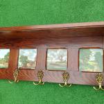 Уникална старинна масивна дъбова закачалка с рафт, двойни окачвачи и порцеланови плочки!