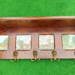 Уникална старинна масивна дъбова закачалка с рафт, двойни окачвачи и порцеланови плочки!